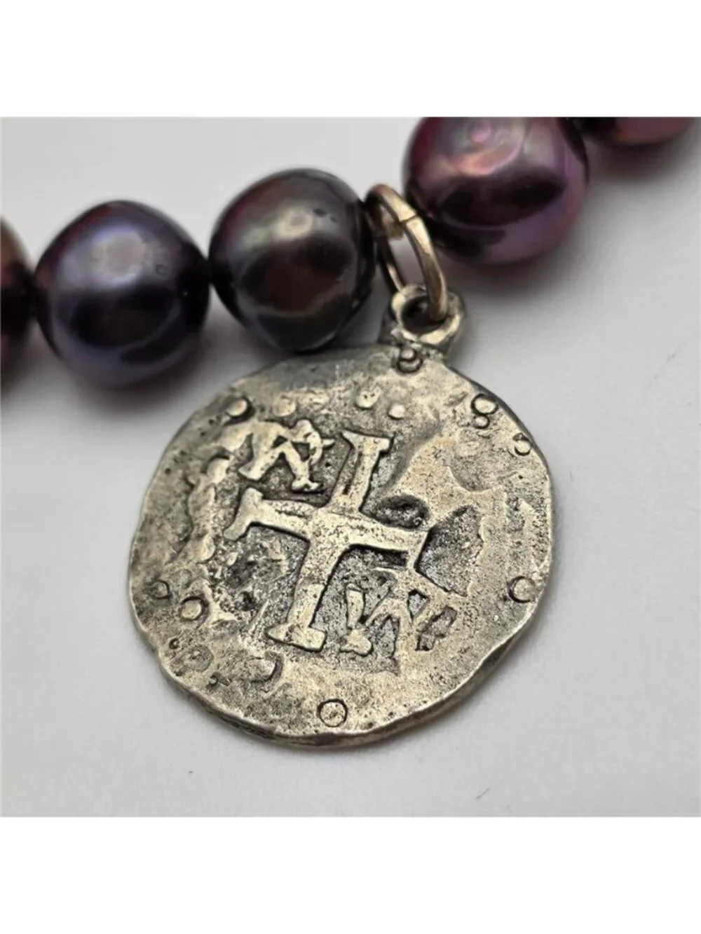 Natural Peacock Freshwater Pearl Jeremiah 29:11 Coin Charm Stretch Bracelet 7 in